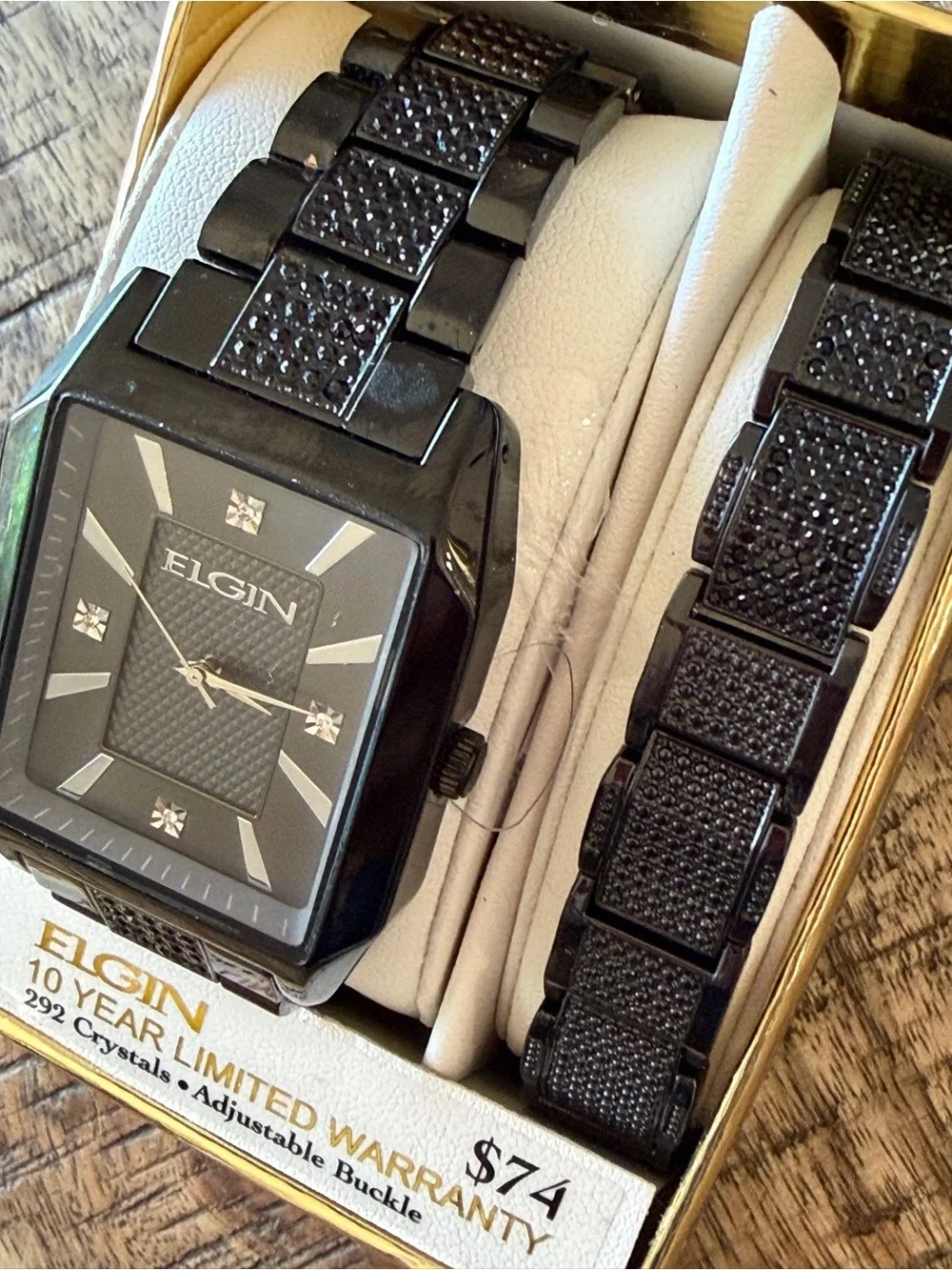 NEW! Elgin Black Crystal Watch 37mm + matching bracelet- NIB - 10 Year Warranty